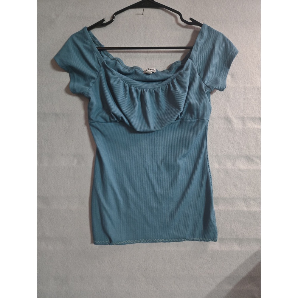 Justify Teal Blue Ribbed Knit Short Sleeve Gathered Bust Scoop Neck Top Large
